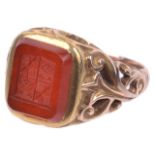 A Victorian carved hard stone carnellian intaglio set seal ring