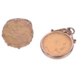 A fine gold pendant mounted sovereign and a half sovereign mounted ring