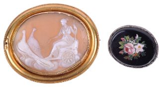 A Victorian classical carved shell cameo brooch and a micro mosaic pendant