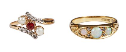 An Edwardian 18ct gold three stone opal set ring and another