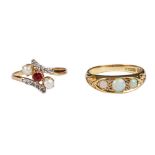 An Edwardian 18ct gold three stone opal set ring and another