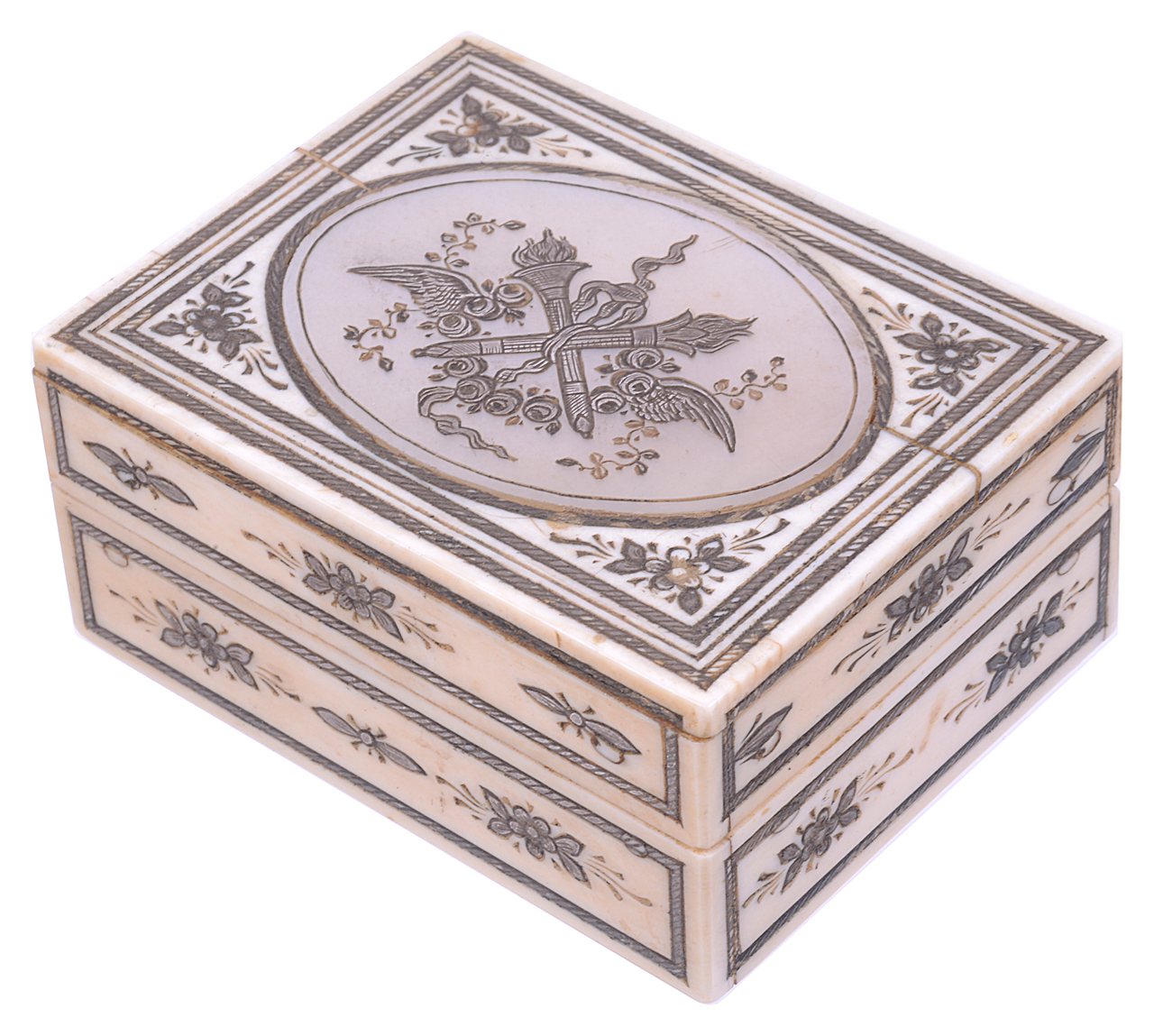 A delightful Georgian ivory patch box with gold and silver pique work