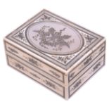 A delightful Georgian ivory patch box with gold and silver pique work