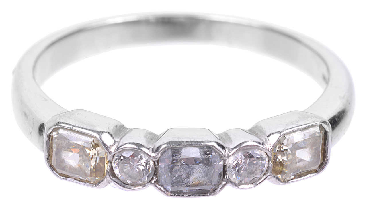 A five stone fancy coloured diamond set ring