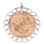 An Elizabeth II gold sovereign in pendant mount,