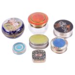 A collection of Edwardian and contemporary silver and enamel miniature pill boxes