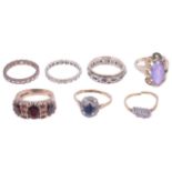 A sapphire and diamond set ring and six other rings