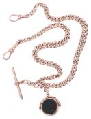 A 9ct rose gold curb link watch Albert chain and swivel fob seal