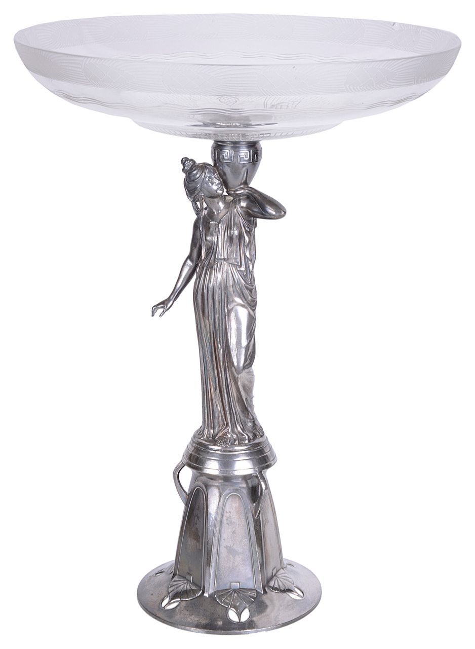 A Roman Plewkiewicz Warsaw silver plated figural glass tazza, late 19th century