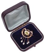 An attractive Arts & Crafts gold and pearl drop pendant / brooch