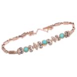 An attractive Edwardian turquoise and pearl set floral scroll bracelet