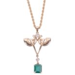 An impressive modernist design emerald and diamond set pendant on chain