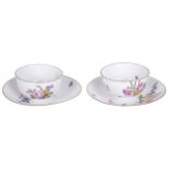 Two Meissen porcelain tea bowls, with saucers, 18th century