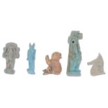 Three Egyptian turquoise glazed faience beads of figural and horse head form,