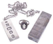 A contemporary silver ingot with chain, hallmarked Birmingham 1977