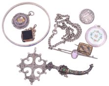 A small Georgian scroll engraved hair locket mourning brooch and other items,