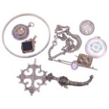 A small Georgian scroll engraved hair locket mourning brooch and other items,