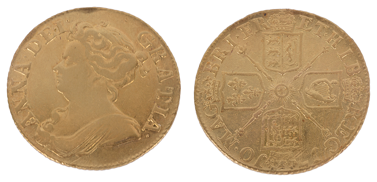 A 1710 Queen Anne guniea gold coin