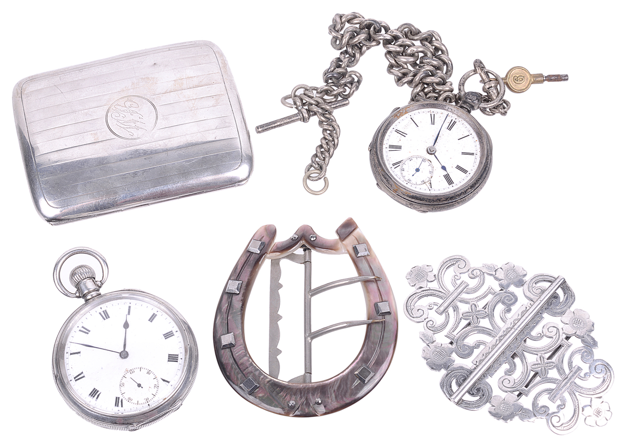 A selection of silver pocket watches, cigarette case, nurses buckle and mother of pearl buckle,