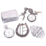 A selection of silver pocket watches, cigarette case, nurses buckle and mother of pearl buckle,