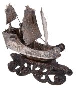A Chinese silver junk ship on stand by Hung Chong, late 19th/early 20th century,
