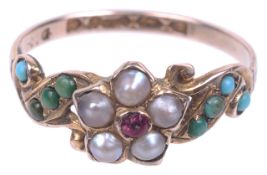 A delicate early Victorian ruby and pearl cluster ring