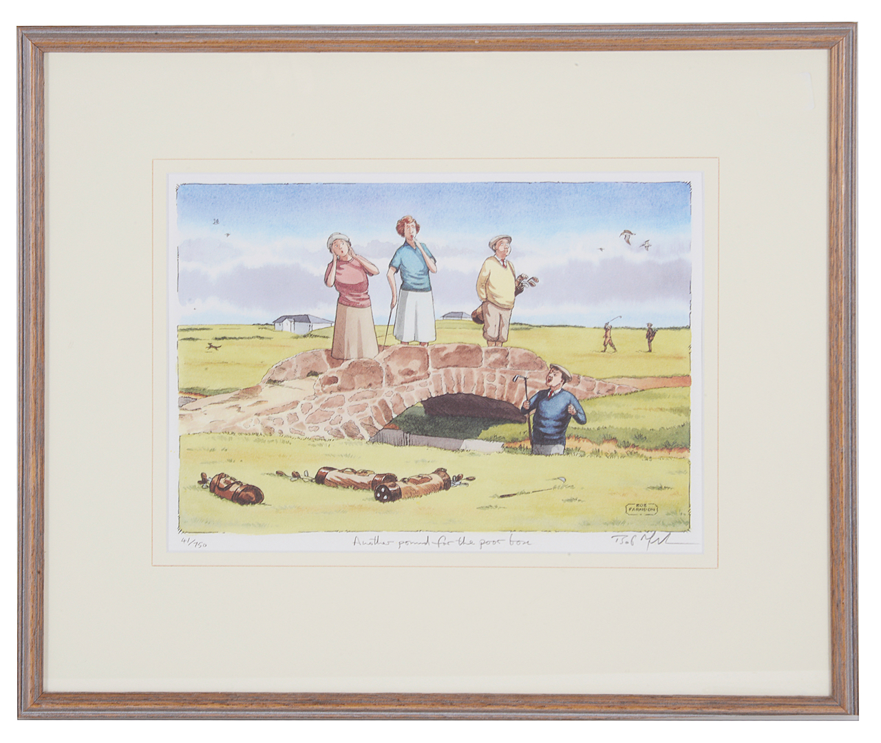 Four Bob Farndon golfing and cricket limited edition coloured prints, 20th century