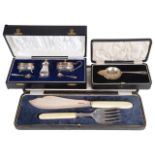 A boxed set of silver and ivorine fish knife and fork, hallmarked Sheffield 1919 by Allen & Darwin;