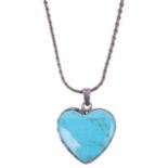 A large Mexican silver and turquoise heart pendant on chain