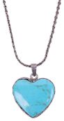 A large Mexican silver and turquoise heart pendant on chain