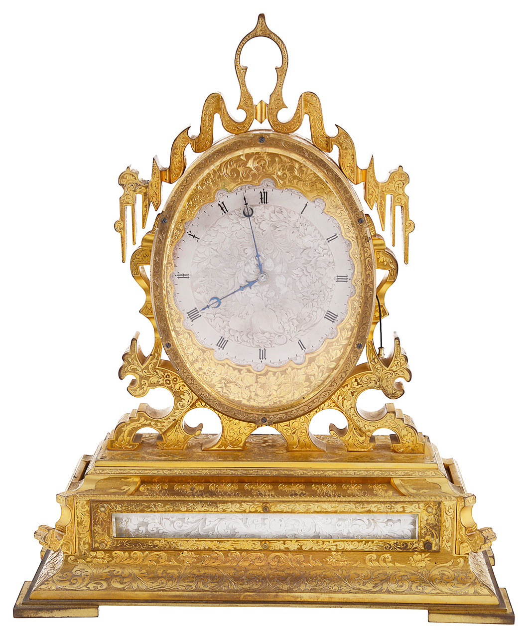 An impressive engraved gilt brass mantle clock in the manner of Thomas Cole - Image 3 of 3