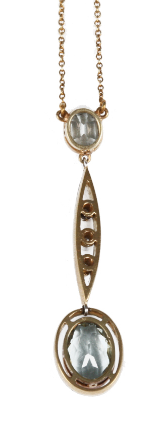 A delicate Edwardian aquamarine and diamond pendant necklace, - Image 2 of 2