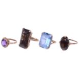 Four gold mounted large gem set dress rings