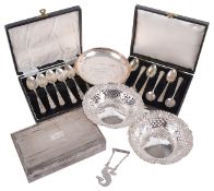 A collection of Victorian and later silver including spoons, cigarette box, bon bon dishes, waiter a