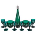 A suite of six Bristol green glass wine glasses, with two finger bowls and bottle,