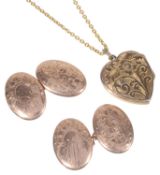 A pair of 9ct rose coloured gold oval cufflinks and locket