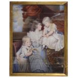 A portrait miniature of a lady with children on ivory