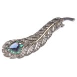 An Art Deco stylish silver costume bar brooch in the form of a peacock feather