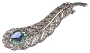 An Art Deco stylish silver costume bar brooch in the form of a peacock feather