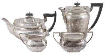 A Contemporary Walker & Hall three piece silver tea service, hallmarked Sheffield 1951