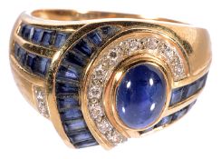 An attractive Continental Art Deco style diamond and calibre sapphire cocktail ring