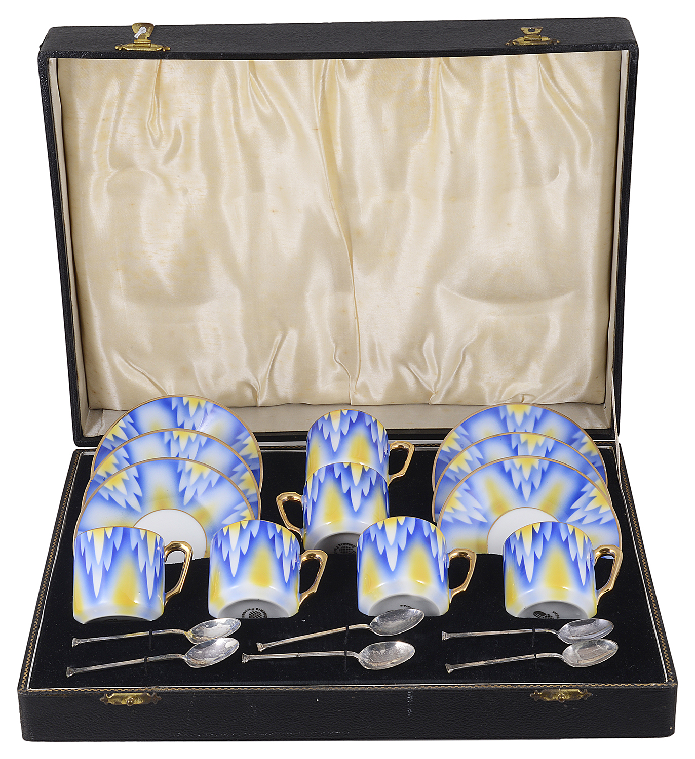 A cased Art Deco style Bohemian porcelain coffee suite with coffee spoons, 20th century