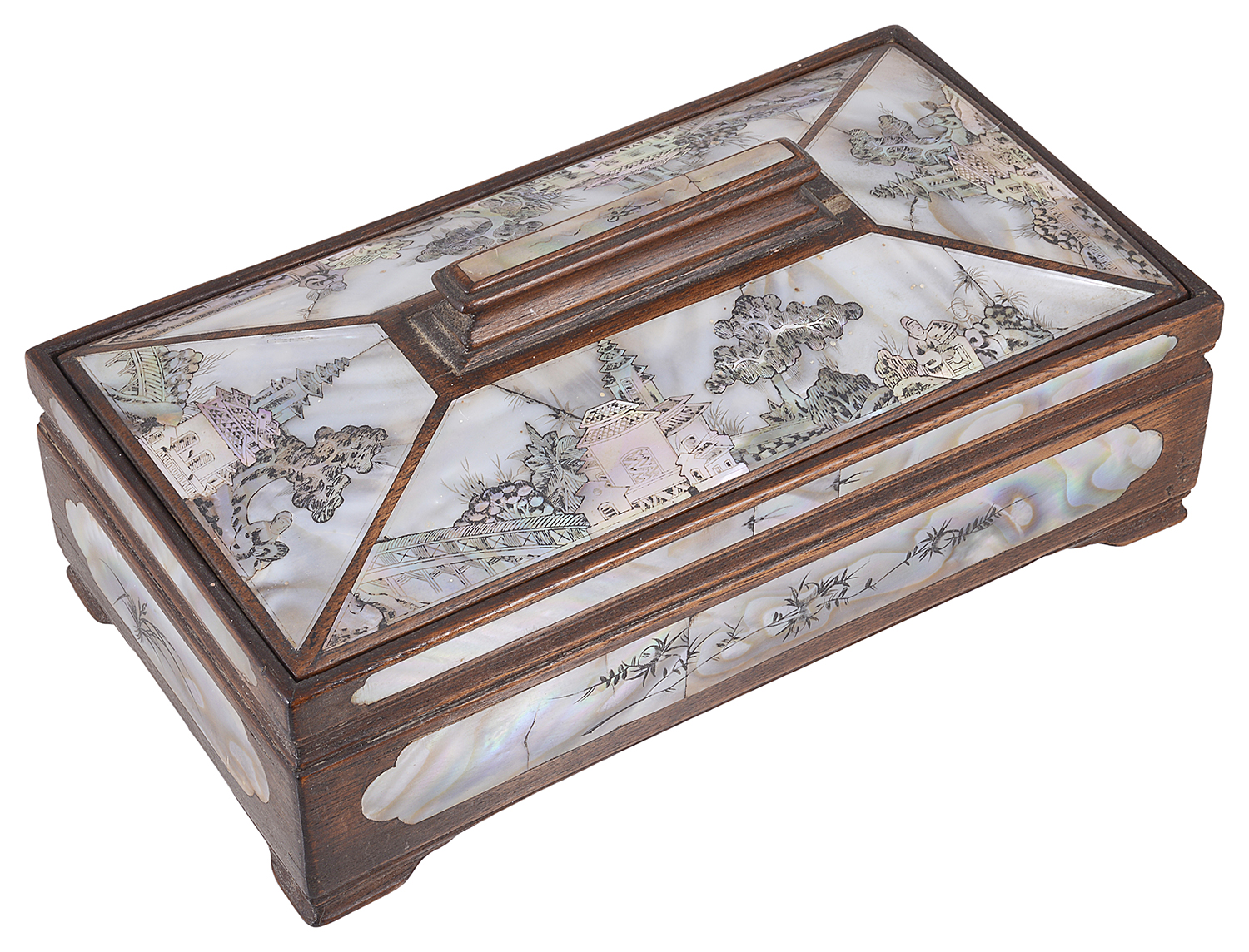 A Chinese 20th century mother-of-pearl and wooden box and cover