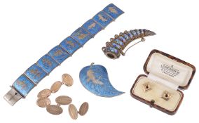 A Siamese silver and turquoise enamel bracelet and brooch together with other items of jewellery