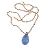 A blue guiochelle enamel pendant on 9ct gold chain