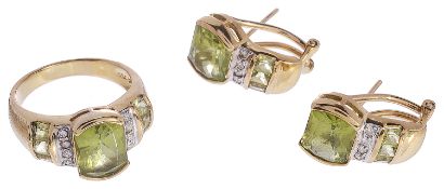 A contemporary Continental peridot and diamond ring with matching earrings