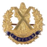 A 15ct gold WW1 Cameron Highlanders Regiment enamel sweetheart bar brooch, maker V & S