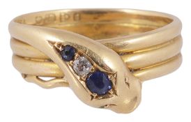 An attractive Victorian sapphire and diamond snake ring