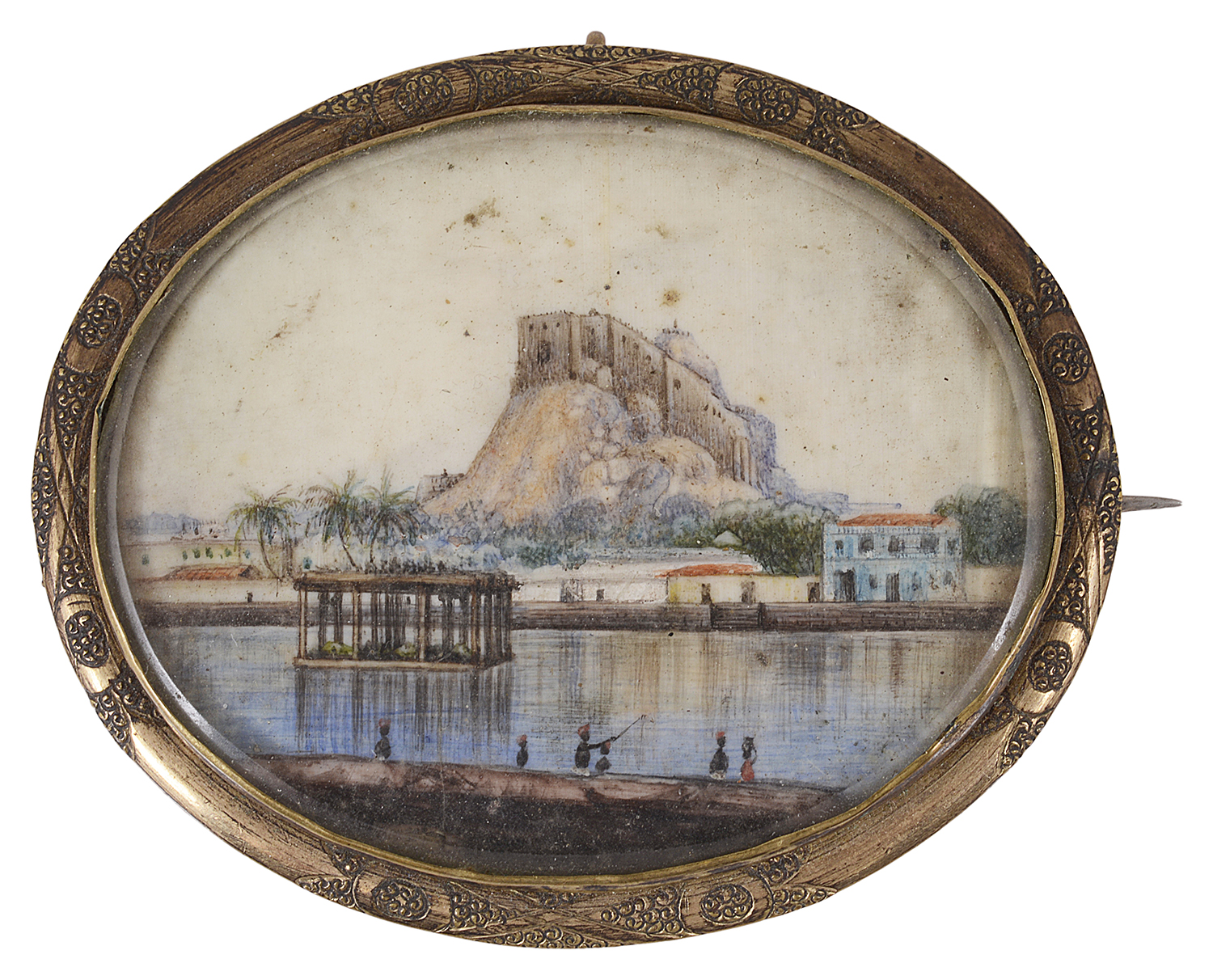 An unusual Victorian scenic miniature on ivory brooch