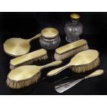 A George V silver and yellow enamel dressing table brushes, hallmarked Birmingham 1923,